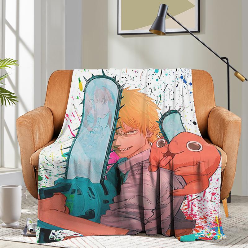 Anime Flannel Blanket Sofa Chainsaw Man Microfiber Bedding Bed Fleece Camping Warm Winter King Size Fluffy Soft Blankets