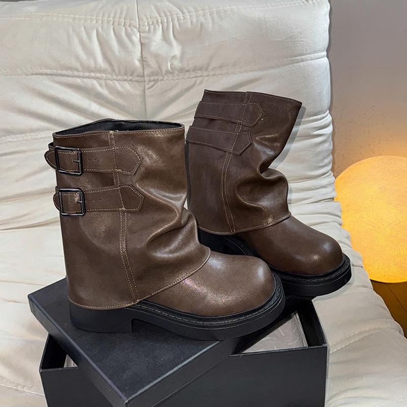 

Fashion Vintage Belt Buckle Women Western Ankle Boots Concise Square Heels Shoes Autumn Laides Short Booties 35