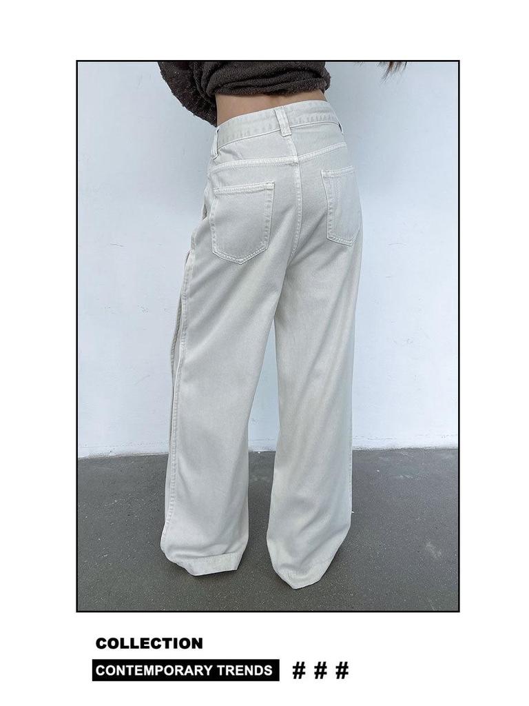 2025 Autumn/Winter Women's Off-White High-Waisted Retro Wide-Leg Jeans: Loose, Slimming, Floor-Length Straight-Leg Trousers.