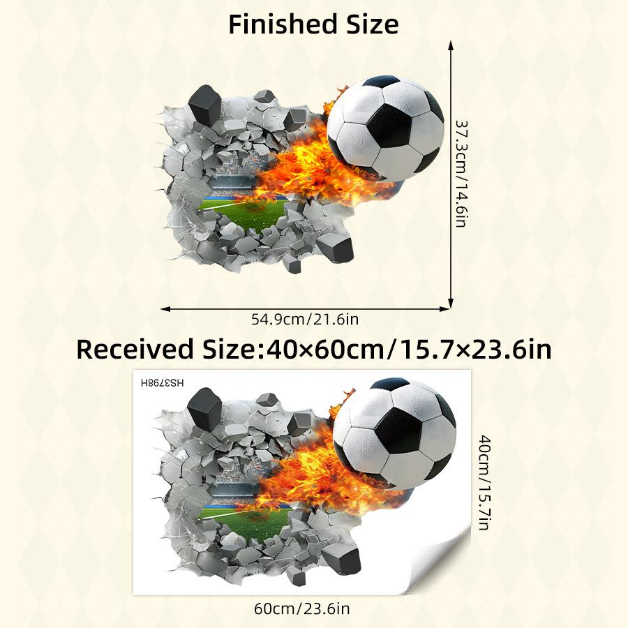 

3D Flame Football Kick Through Broken Wall Illusion Self Adhesive Wall Sticker Indoor Sports Room Decor World Cup 40x60CM різнокольоровий