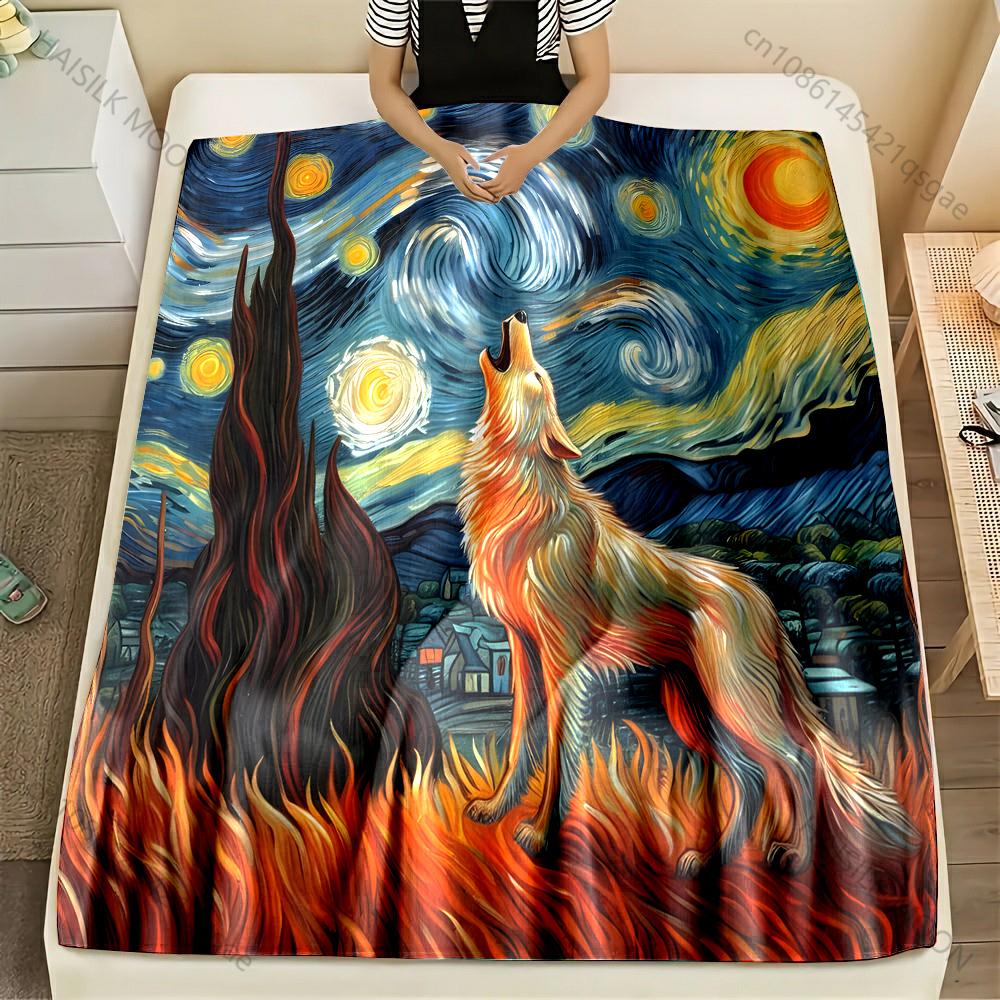 

Multi-size Van Gogh Starry Wolf Pattern Blanket Flannel Material Soft Warm for All Seasons, Home Outdoor Camping Picnics RV 75x90cm