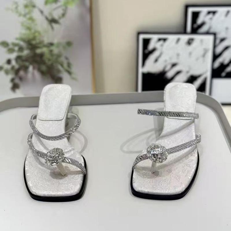 Women's new high-heeled thick-heeled crystal toe elegant embroidery fashion cool slippers women