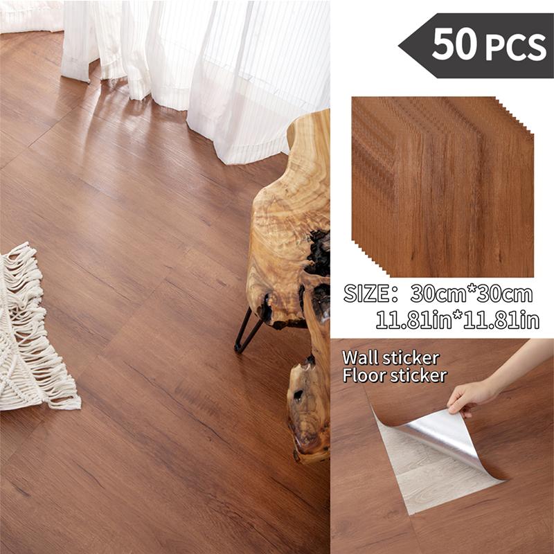 NINETAI Peel And Stick Floor Tile, 50pcs Vinyl Plank Wood Grain Look 11.81in*11.81in/48 Sq.Ft, Kitchen Mats For Floor