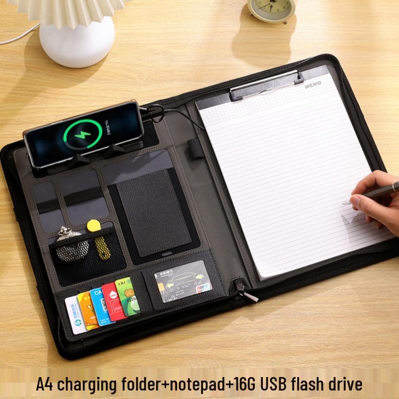 Multifunkční obchodní kabelka A4 s powerbankou, USB flash diskem a úložnou složkou.