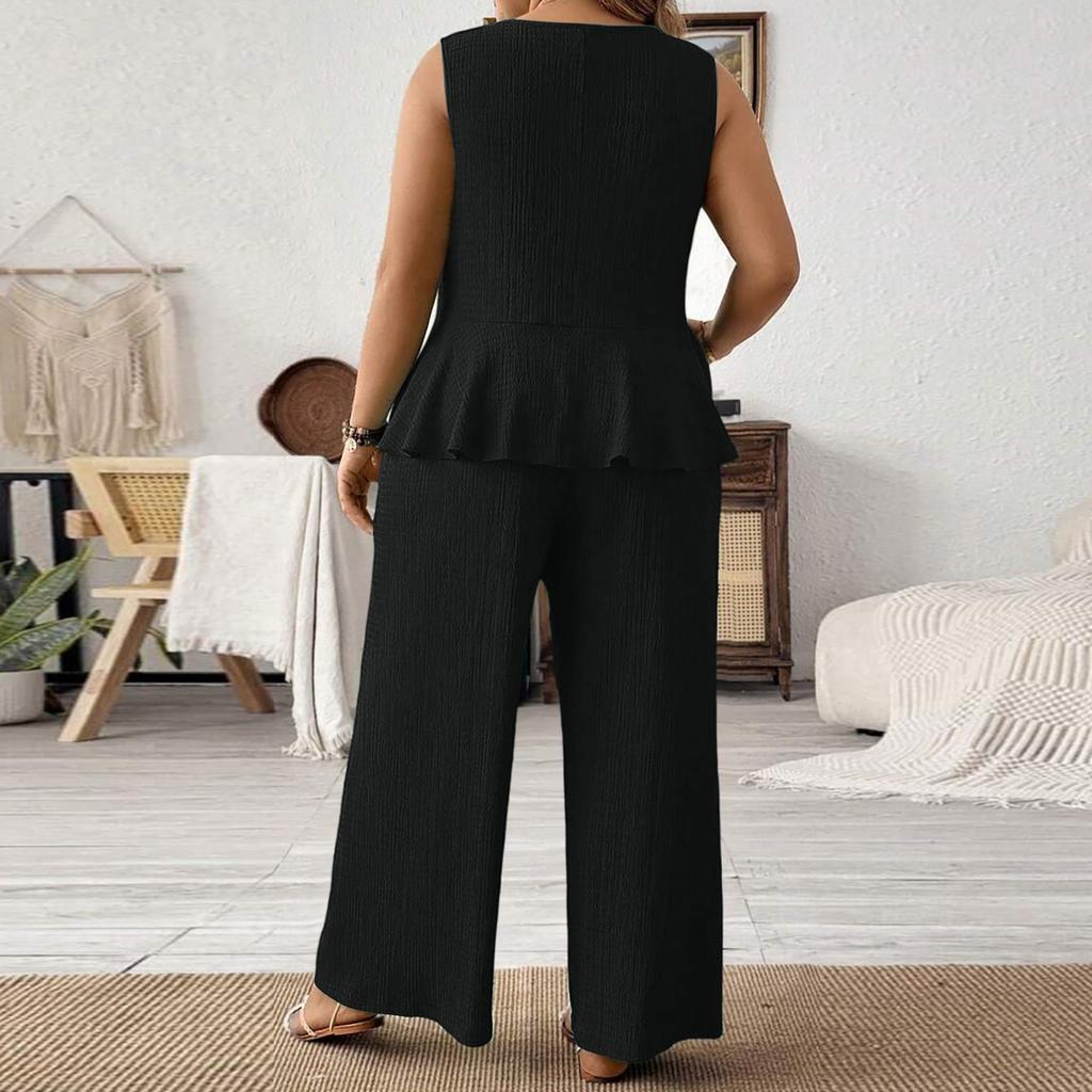 Damski letni casualowy modny top bez rękawów w dużym rozmiarze, luźny i wygodny, spodnie z szerokimi nogawkami, zestaw dwuczęściowy