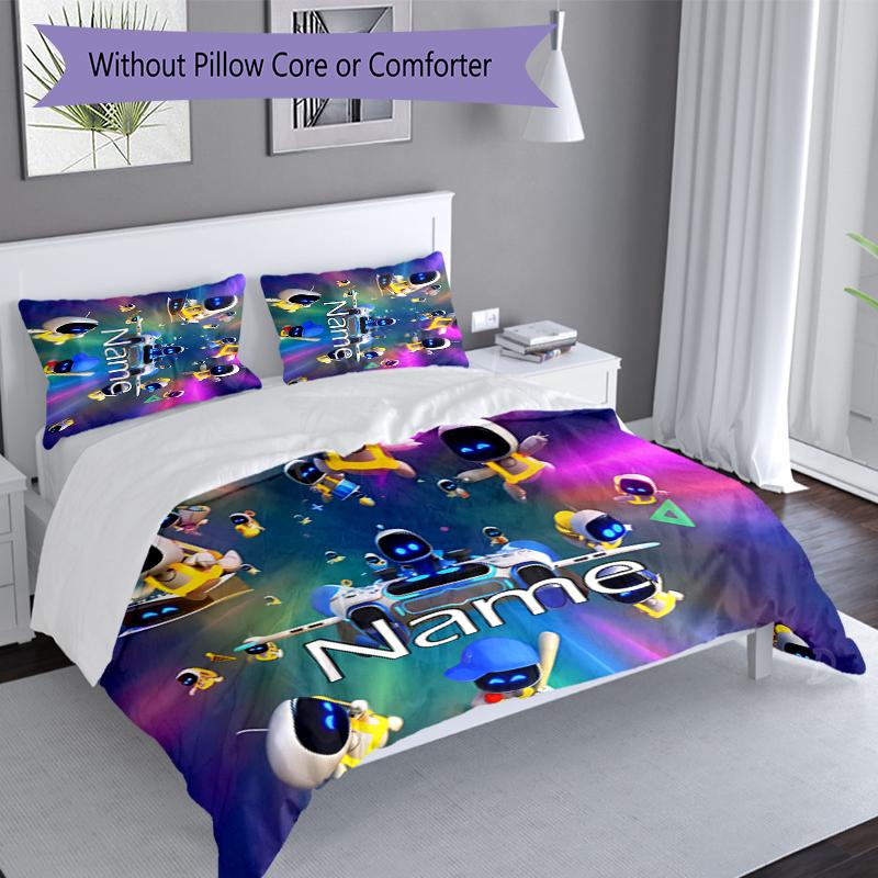 3pcs Custom Name Astro Bot Set,Includes 1 Duvet Cover and 2 Pillowcases,All-season Bedroom Decor