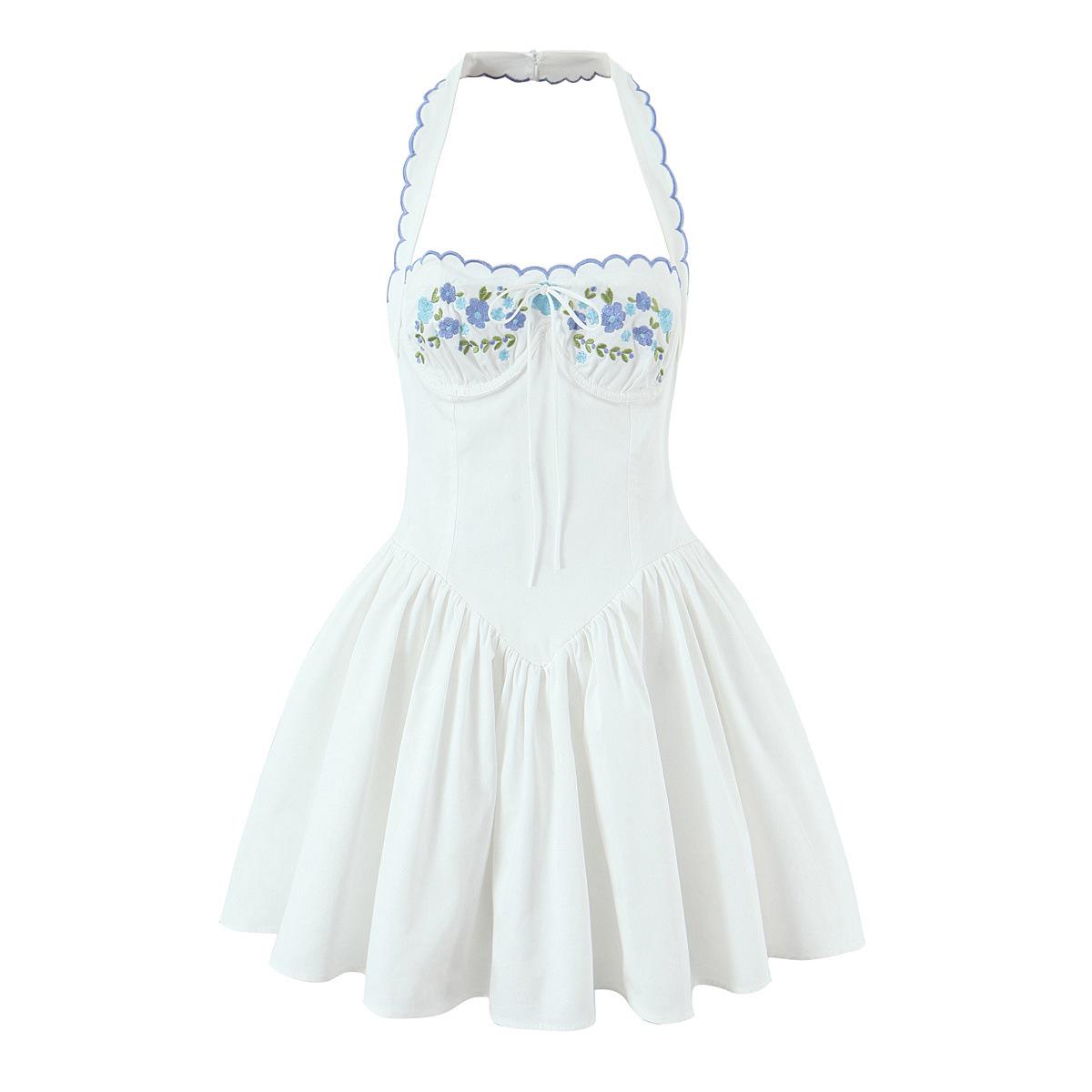 Women s Autumn 2025 Sweet Embroidered Halter Mini Dress - Slim Fit, Waist-Cinching Small белый