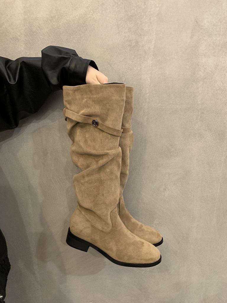 French Thick Heel Apricot Suede Piled Boots Women's Shoes 2025 New Spring and Autumn Winter Versatile Thin Long Boots