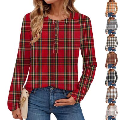 Women's Fashionable Plaid Print Round Neck Long-sleeved Top
