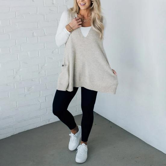 Yousheng Women Sweater V-neck Sleeveless Solid Color Knitting Vest with Pockets Ribbed Trim Loose Fit Mid-length Casual Knitwear