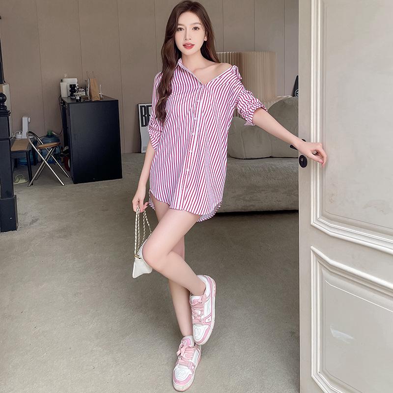 Korean Style Striped Midi Shirt Coat for Women – Spring/Autumn 2025 Collection