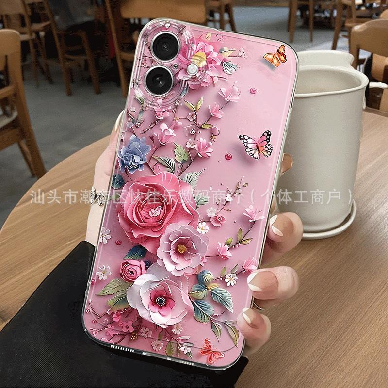 Pink Tulip Transparent iPhone15/14Promax Mobile Phone Case 11/12/13 All-inclusive Anti-drop 16/17PM