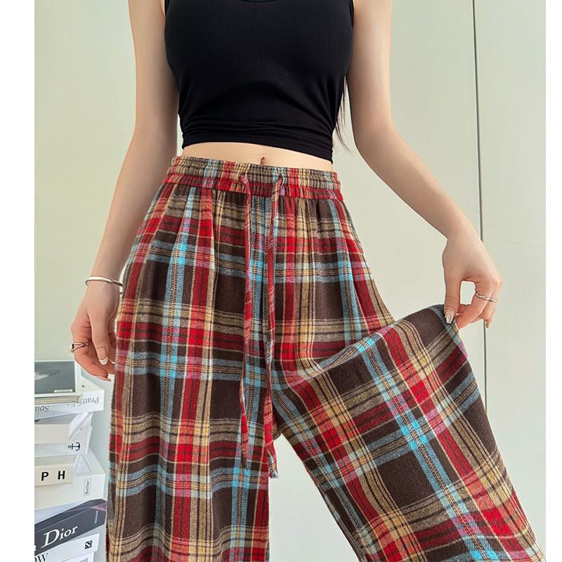 Red Retro Plaid Pants Women's New Spring and Summer Slim Casual Straight Pants Lazy Loose Wide-leg Pants
