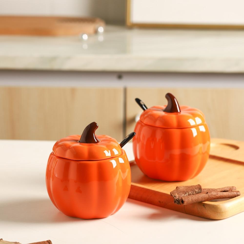 Creative Pumpkin Ceramic Seasoning Jar Set with Spoon Salt Sugar Bowl Msg Pepper Edible Oil Container Kitchen Supplies