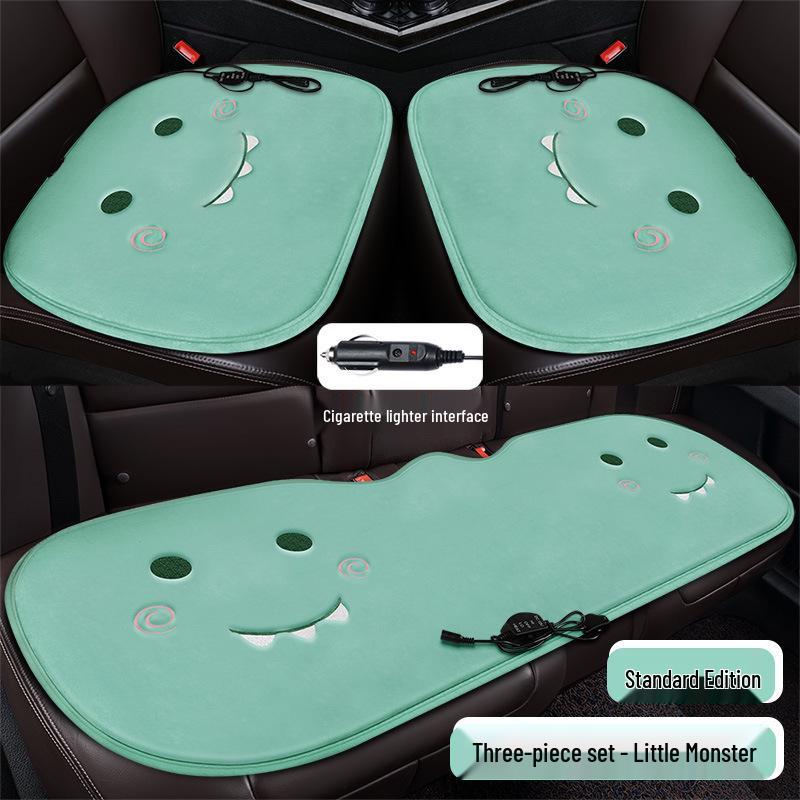 Cartoon Doll Style Heated Car Seat Cushion Set - Three Pieces for Winter Comfort