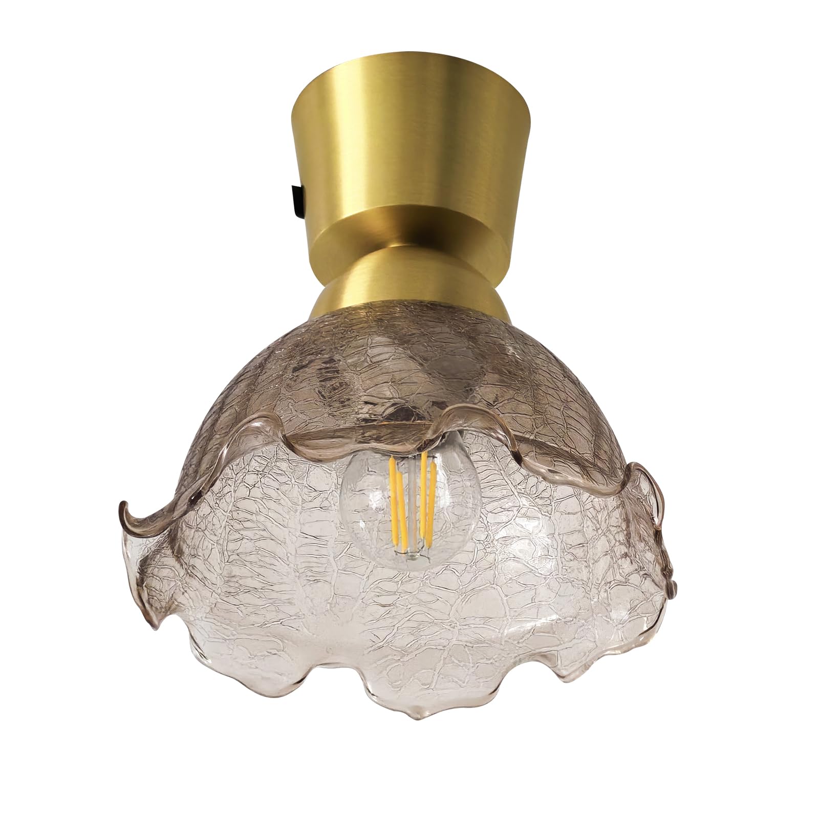 

Stylish, compact, semicircular glass ceiling light with a brown, cracked-look shade, brass socket, E26 base, LED compatible, perfect for living