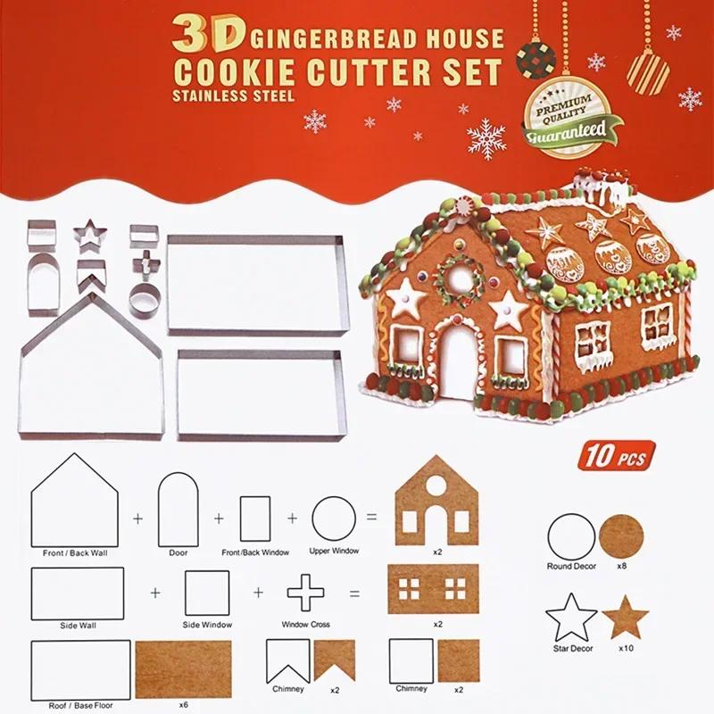 

New 3D Three-dimensional Stainless Steel Biscuit Mold Christmas Gingerbread House 10 Sets of Baking Tools Kitchen Accessories