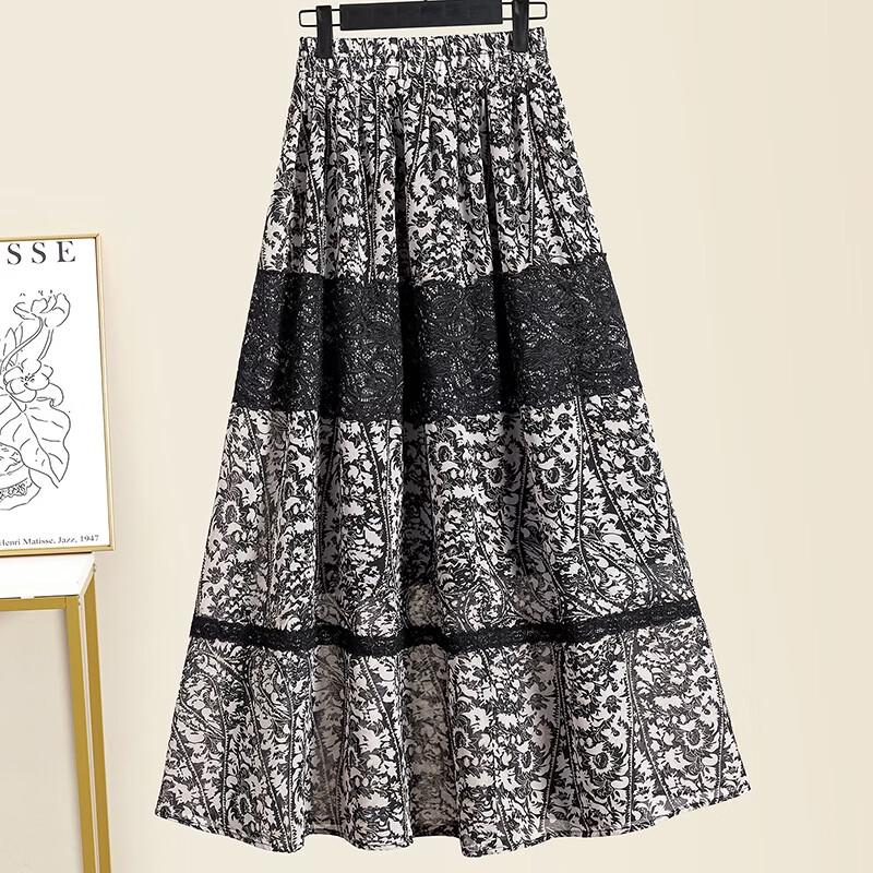 Ta Chi Lace Patchwork Chiffon Floral A-Line Skirt