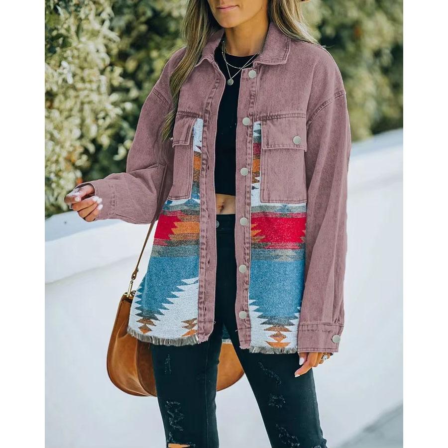 DamenHerbst Denim Patchwork Wollmantel Retro Pelzige Midilänge Jacke Damen Jeansjacke Damen