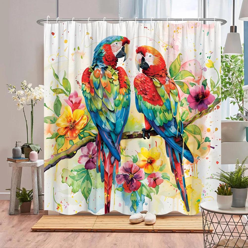 

Parrot Shower Curtain Toucan Tropical Plant Animal Flower Leaf Ocean Flamingo Cartoon Polyester Fabric Bathroom Decor Curtains 90x180cm