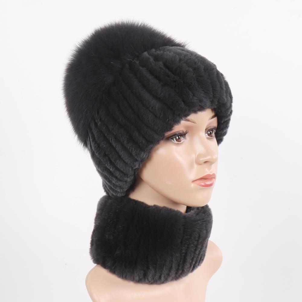 Women Winter Real Fur Hat Scarf 2 Pieces Knitted Rex Rabbit Fur Hat Top Natural Fox Fur Cap Scarves Sets Lady Warm Real Fur Caps