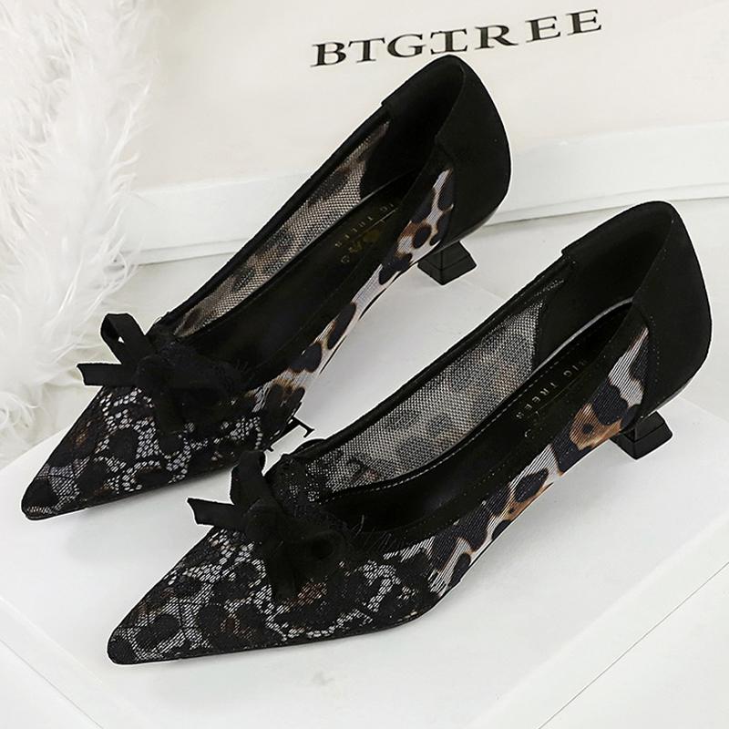 Sexy Lace Kitten High Heels Women Pumps Bowknot Low-heel Women Shoes Leopard Print Sexy Party Shoes Large Size 43 Ladies Shoes