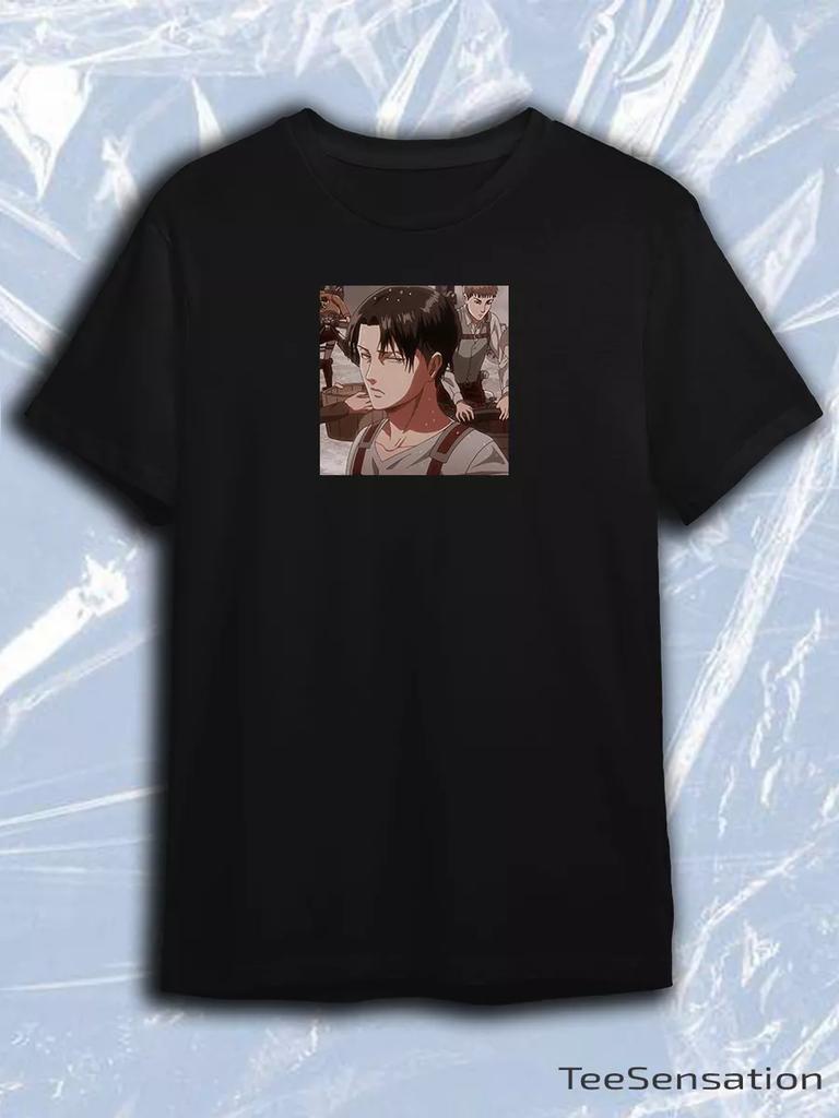 TeeSensation Black Crew Neck Short Sleeve T-Shirt with Levi Ackerman Attack On Titan Anime Print