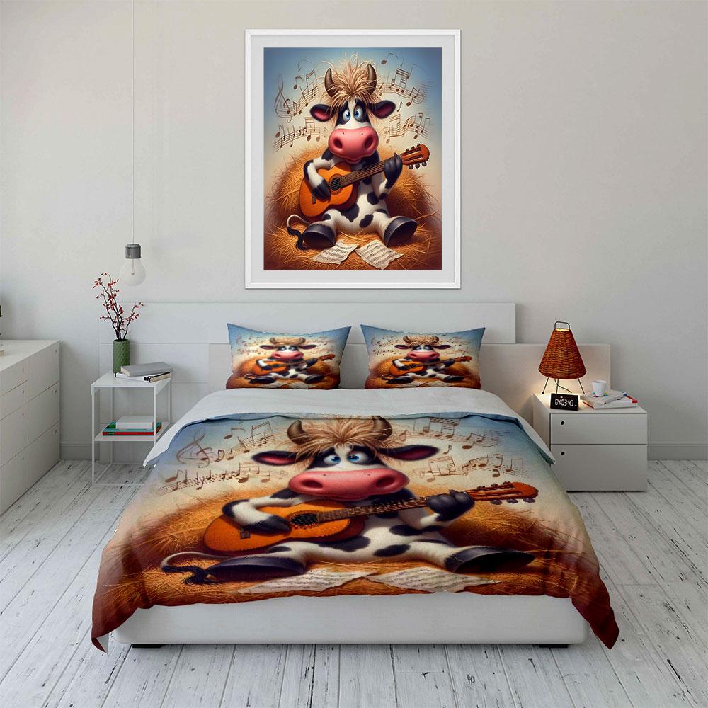 Cartoon-Kuh mit Gitarre Muster Bettwäsche-Set Mit 3D-Druckdesign Weiches Polyester-Bettwäsche-Set Ganzjahreskomfort
