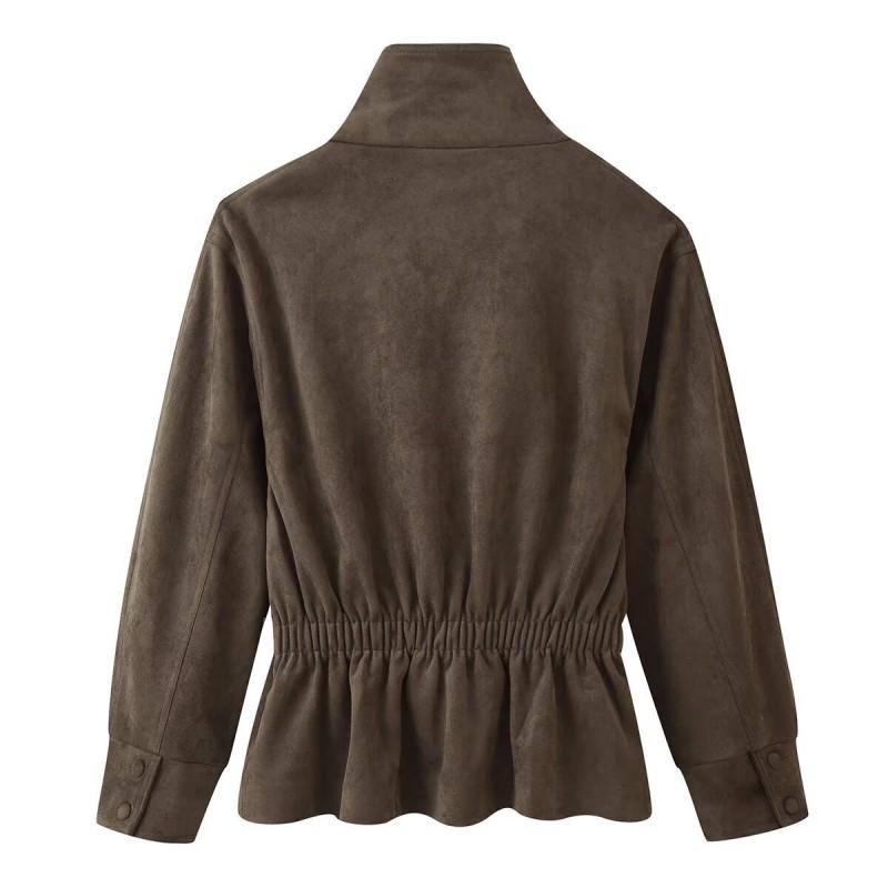 ZA Giacca da Donna Autunno 2026 in Ecopelle Scamosciata con Cintura Casual Collo a Stand Vestibilità Slim Capospalla