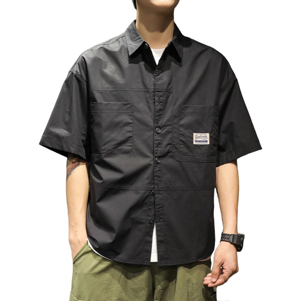 Spring Men Cargo Shirt Turn-down Collar Single-breasted Loose Mid Length Solid Color Chest Pocket Breathable Soft Short Sleeves
