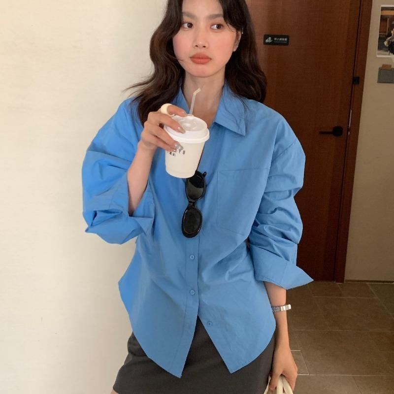 

Lemon Green Tea Design Lace-up Waist Pleated Long-sleeved Shirt for Women Spring Loose Lapel Top Onesize синий