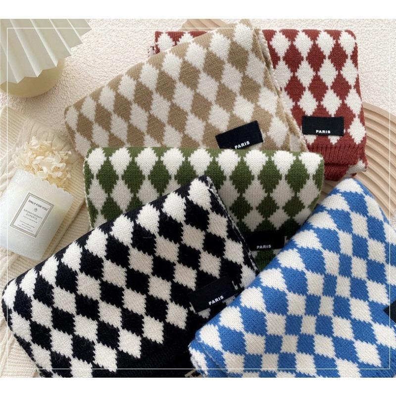 New Christmas Red Rhombus Knitted Scarf Female Autumn and Winter Student Couple Warm Fashion Versatile Scarf