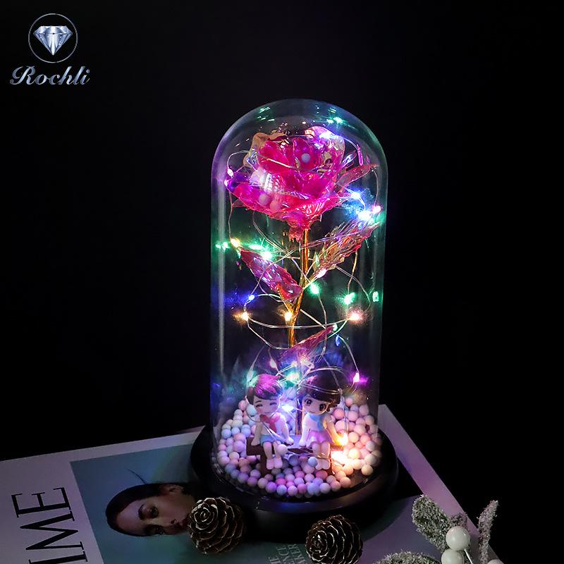 Rose Flower Preserved in Glass Dome with Night Light - Mother's Day or Birthday Gift Ornament