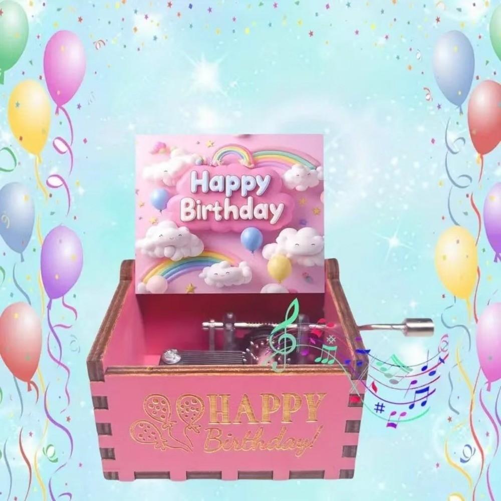 New Happy Birthday Wooden Music Box Hand Crank Classical Carved Musical Box Pink Light Luxury Music Gifts Birthday Gifts