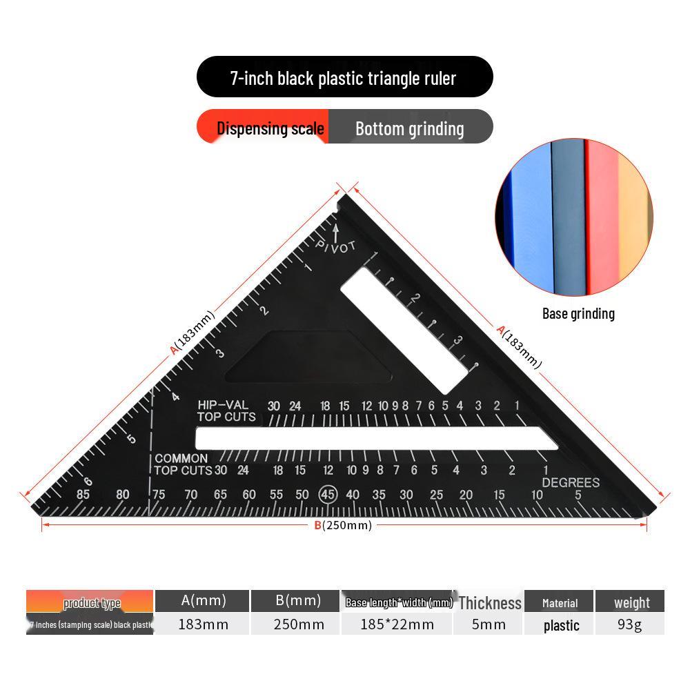 12-inch Aluminum Alloy Black Metric/Imperial Triangle Ruler - 90°/45° Right Angle, 7-inch Woodworking Triangle Plate