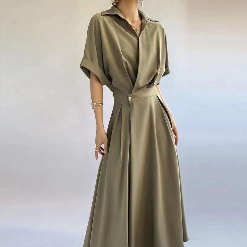 

Shirt, High Waist, Lapel, Neck, Short-sleeved Mid-length Dress S чорний