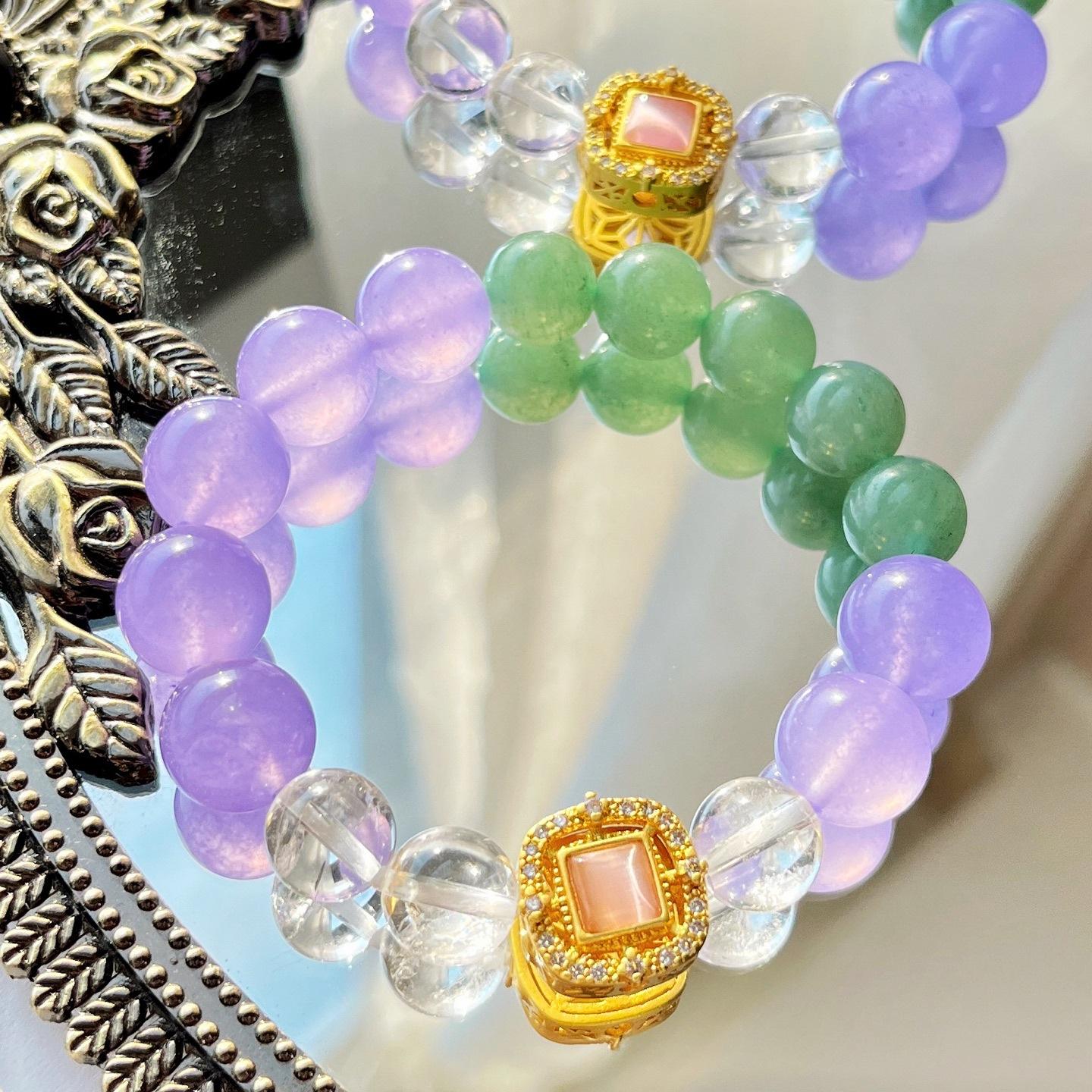 12Mm Fairy Purple Green Quartzite Natural White Crystal Dongling Jade Bracelet Bracelet.