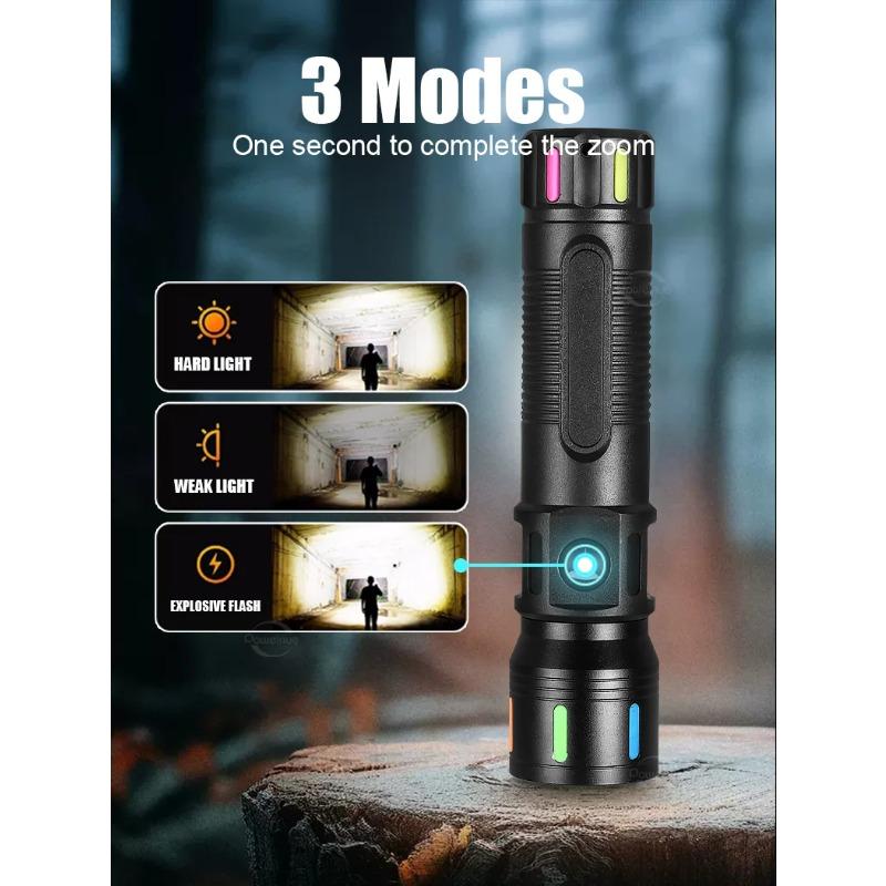 High Brightness Flashlight with Built-in Battery, Fluorescent Strip, Rechargeable Aluminum Alloy ABS Light, Waterproof Hiking Camping Light