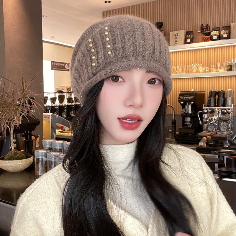 Autumn and Winter Hat Women's Warm Thickened Knitted Wool Hat Pearl Solid Color Hat  Autumn and Winter,  Beret for Women, Thick Pullover Hat