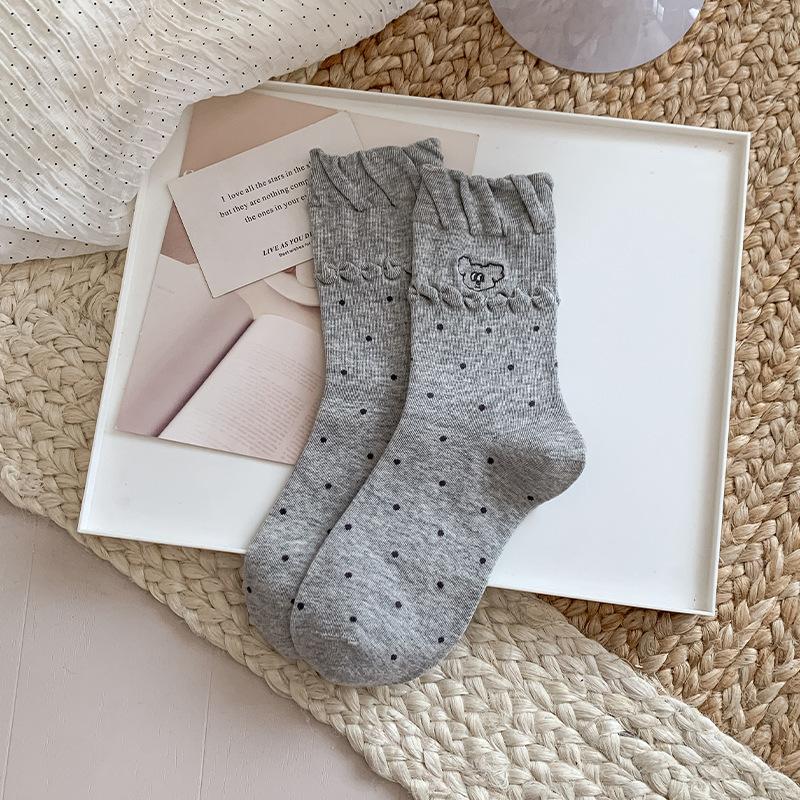 Embroidered Bear Socks, Girls' Autumn Cartoon Cute Mid-calf Socks, Bubble Mouth Polka Dot Socks, Boneless Pile Socks