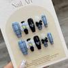HANDMADE Blue Pink Commoner Plaid Bow Trapezoidal Artificial Nail Phototherapy Nails Reusable and Removable Nails