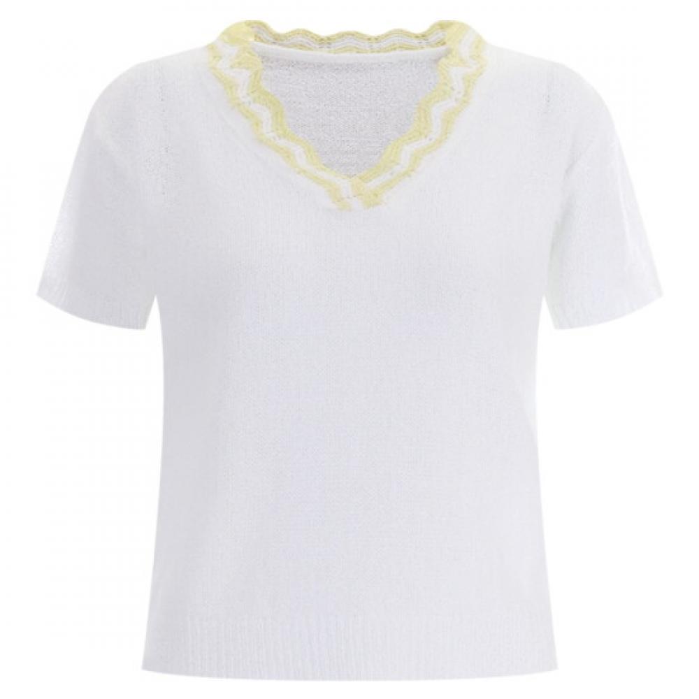 Shop Women Lace V Neck Daily Cooling ShorT sleeVe KniT T shirT iVory Bom Wkn