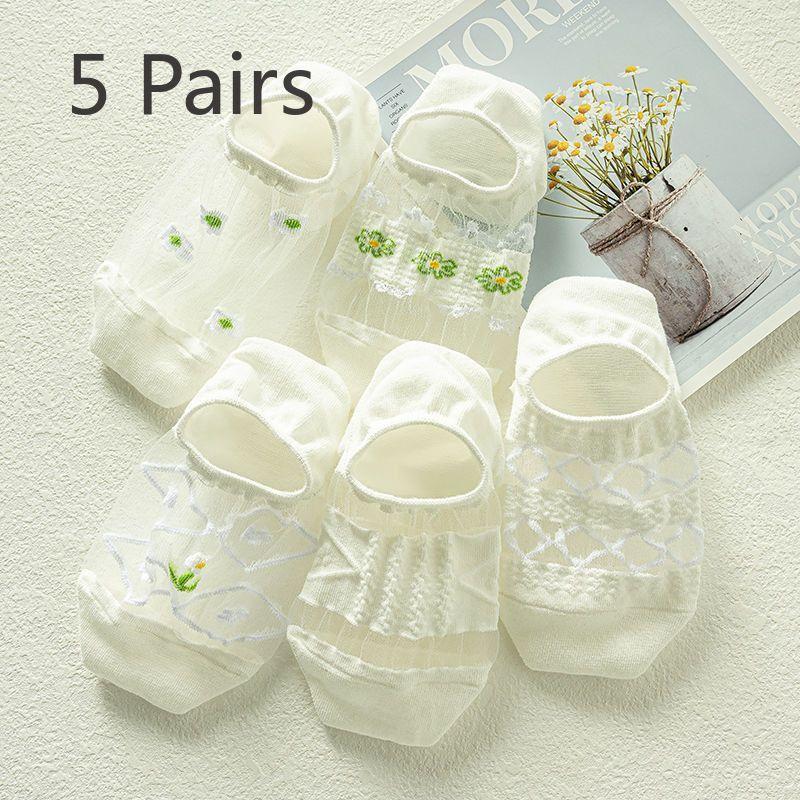 5 Pairs of Female Summer Ultra Thin Hollow Breathable Cool White Stealth Boat Socks