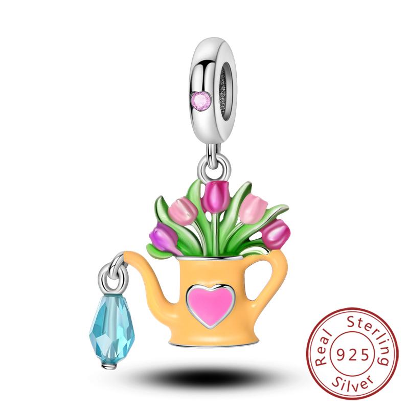 Original Copper Charms Beads Pendant Lotus Tulip Rose Carnation Flower Series Bead Fit Bracelets Women Jewelry Gift