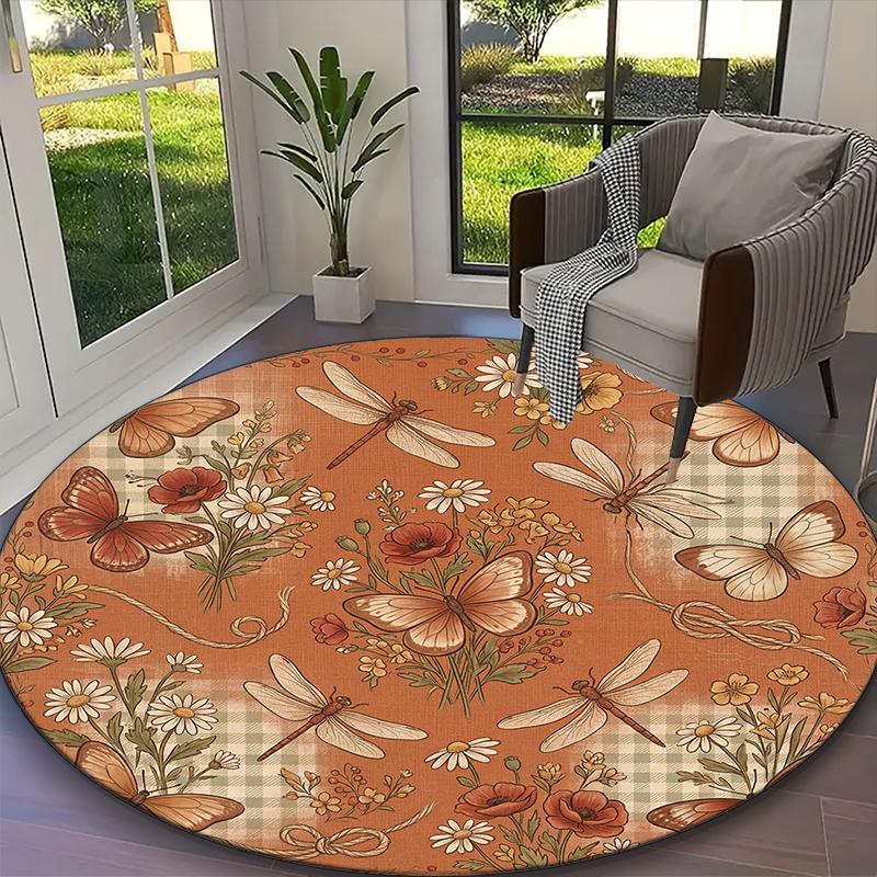 1pc Pale Beige Butterfly Floral Printed Chair Rug for Home Office Use, Living Room Kitchen Game Room Round Carpet