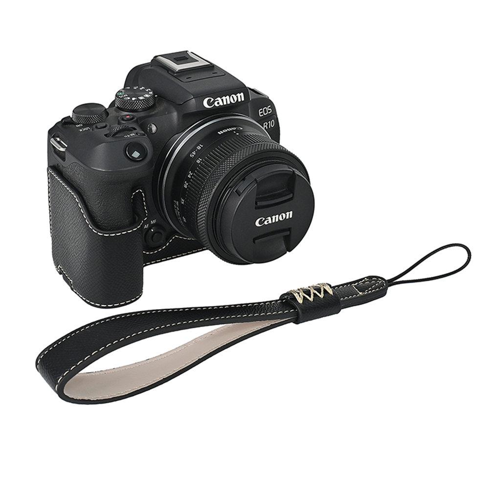 R10 Etui Pół-Kamerowe ze Skóry PU z Wzorem Dłoni dla Canon EOS R10 Z Otworem na Baterię Dolna Pokrywa z Paskiem na Rękę