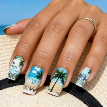 24 Nail Art Hawaii Resort Wind Beach Coconut Tree Digital Medium Rectangle Wearing Nail Art Jelly glue + rubbing strips*3pcs