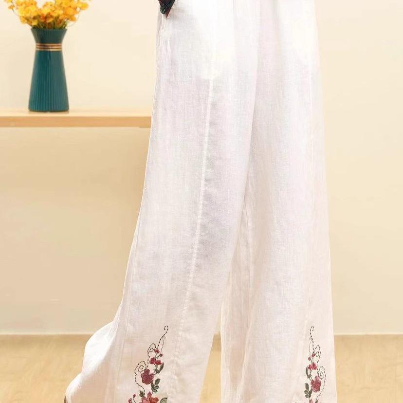 Women's Retro Embroidered Wide-Leg Cotton Linen Pants with Elastic Waist