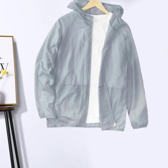 Men Sunscreen Coat Thin Zipper Closure Solid Color Summer Outdoor Sports Sun Protection Hooded Jacket Daily Wear