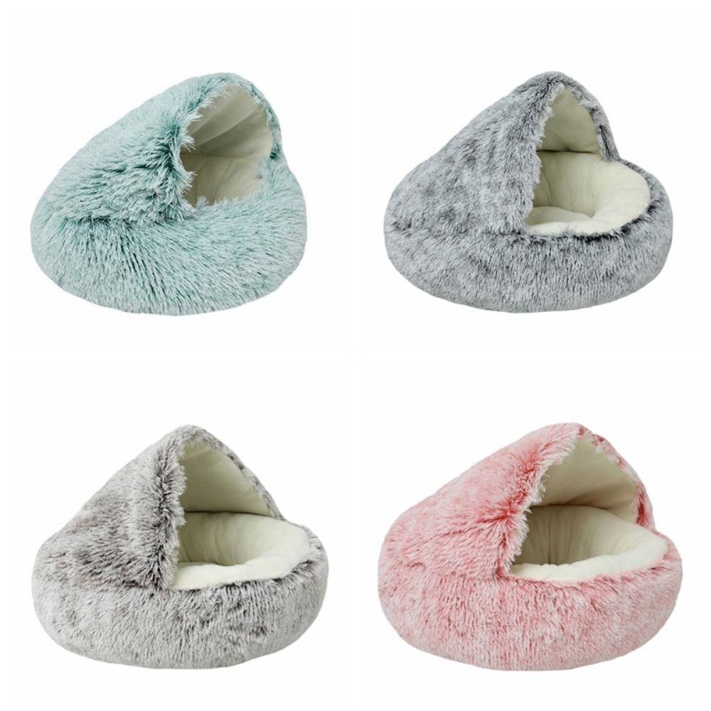 Round Puppy Bed Self Warming Plush Hooded Dog Tent Cat Bed Cave  Universal for All Seasons